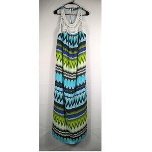 New Directions Woman 2X Zigzag Print Sleeveless Maxi Dress Blue Green Polyester